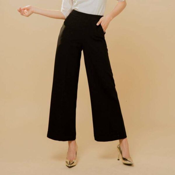 KIOBI– Quần Dài Long Pants Form Suông Cơ Bản, Lưng Cao, Ống Loe, Có Túi, Nhún Thun Sau Eo,Vải Cotton Bố Đen - Kiq19111D