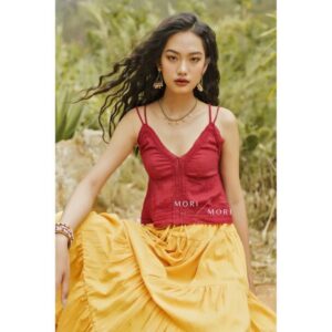 MORI - Áo croptop xô phối ren thun lưng co dãn