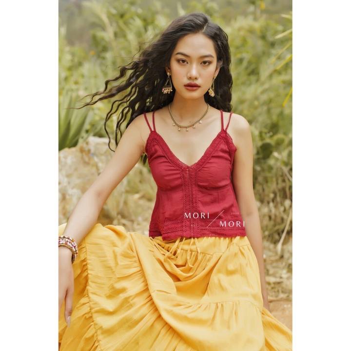 MORI – Áo croptop xô phối ren thun lưng co dãn