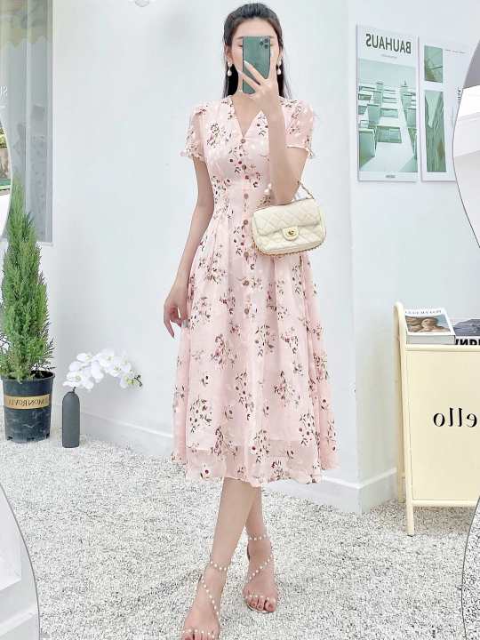[Mua 2 giảm 5%] Váy cổ V 1 hàng cúc 3VA01543HO Lep’