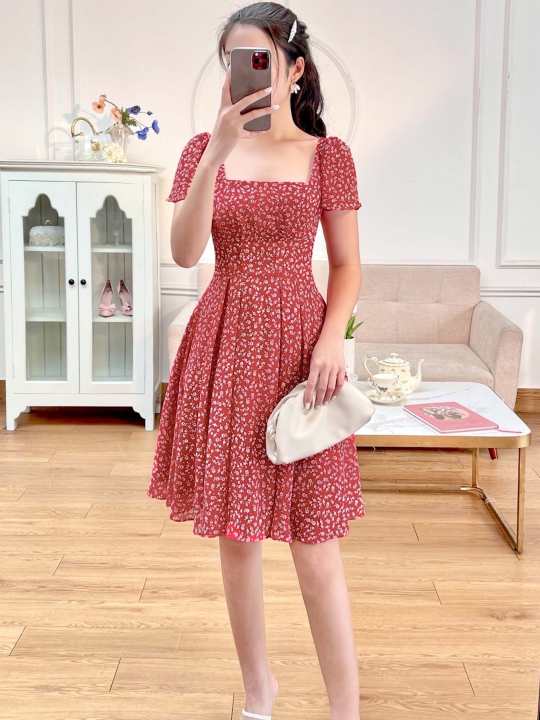 [Mua 2 giảm 5%] Váy hoa đỏ chiết eo 1VA01583DO Lep’