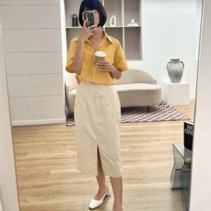 Nosbyn - Chân Váy Khaki Xẻ Trước N205-S002