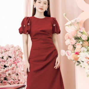 RẬP - Đầm Cổ Tròn Tay Đính Hoa Eo Xếp Ly - NOEL 06 ĐỎ