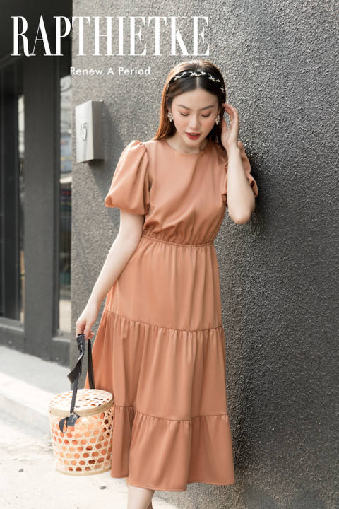 RẬP – Đầm Cam Cổ Tròn Tay Ngắn Tùng Ba Tầng – GRACE 02 CAM – FREESIZE