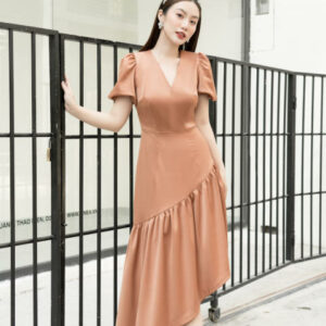 RẬP - Đầm Cam Tay Nhún Cổ Tim Tùng Chéo - GRACE 01 CAM