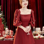 RẬP – Đầm Đỏ Cổ Vuông Tay Dài Đính Hoa – NOEL 05