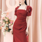 RẬP – Đầm Đỏ Hai Dây Tay Đính Hoa Eo Nhún – JANIE 10