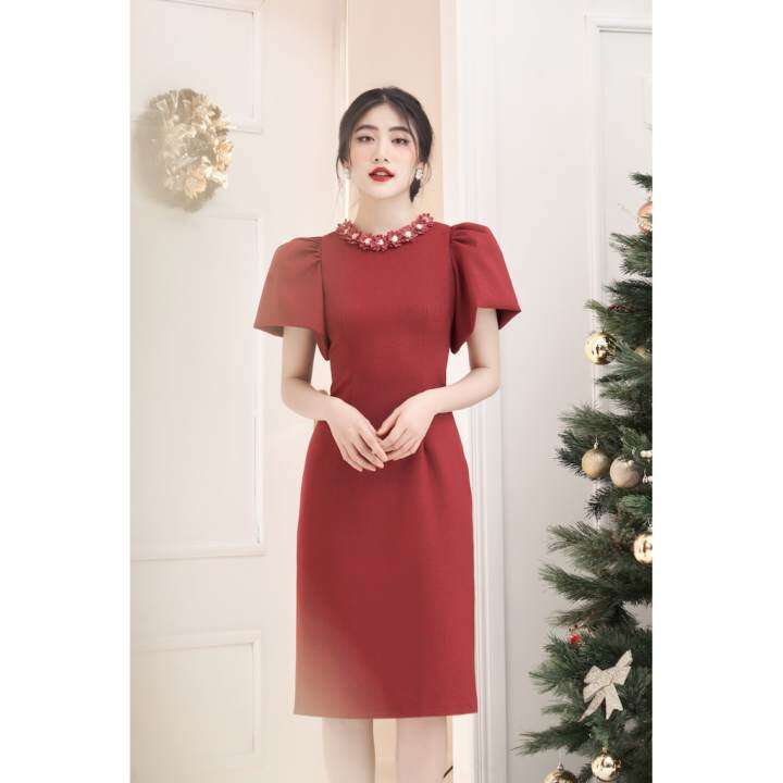 RẬP – Đầm Đỏ Tay Phồng Có Đính Hoa Cổ – TITI 06