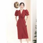 RẬP – Đầm Đỏ Tay Phồng Nhún Thun Phía Trước – MERRY 08