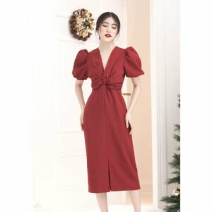 RẬP - Đầm Đỏ Tay Phồng Nhún Thun Phía Trước - MERRY 08