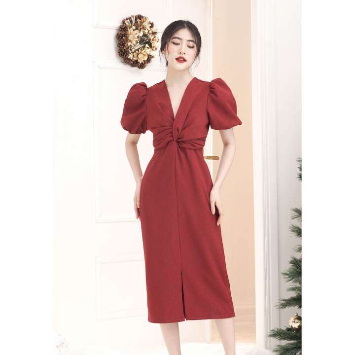 RẬP – Đầm Đỏ Tay Phồng Nhún Thun Phía Trước – MERRY 08
