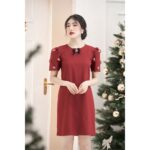 RẬP – Đầm Đỏ Tay Phồng Nơ Cổ Có Đính Hoa – TWINS 04