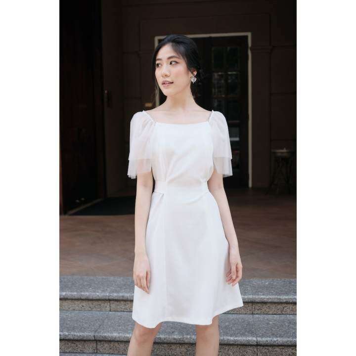 RẬP – Đầm Dây Cột Nơ Vai Đính Hạt – TITI WHITE