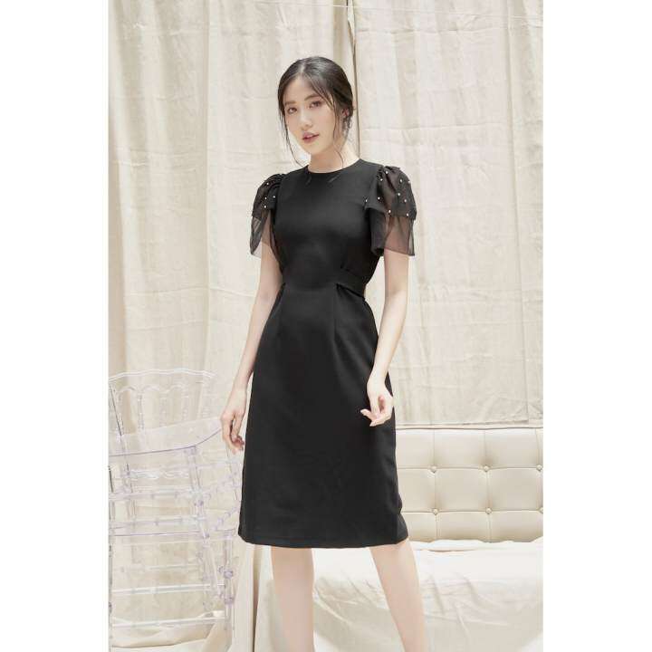 RẬP – Đầm Đen Đính Hạt Trên Tay Lưới Hai Tầng – TITI 8