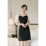 RẬP – Đầm Đen Hai Dây Tay Ren Bướm – R 02