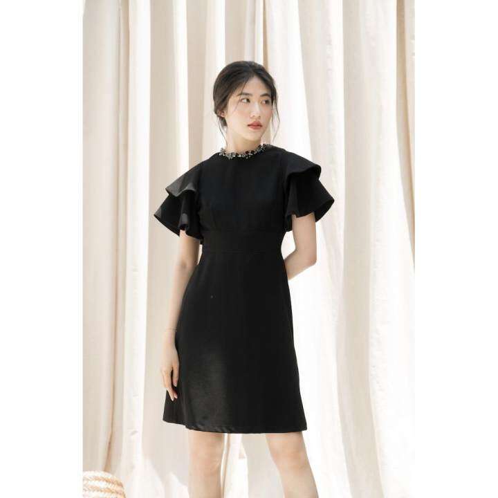 RẬP – Đầm Đen Tay Hai Tầng Đính Đá Trên Cổ – NUDE 05
