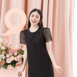 RẬP - Đầm Đen Tay Lưới Phồng Cổ Đính Hạt - TITI 04 HẠT
