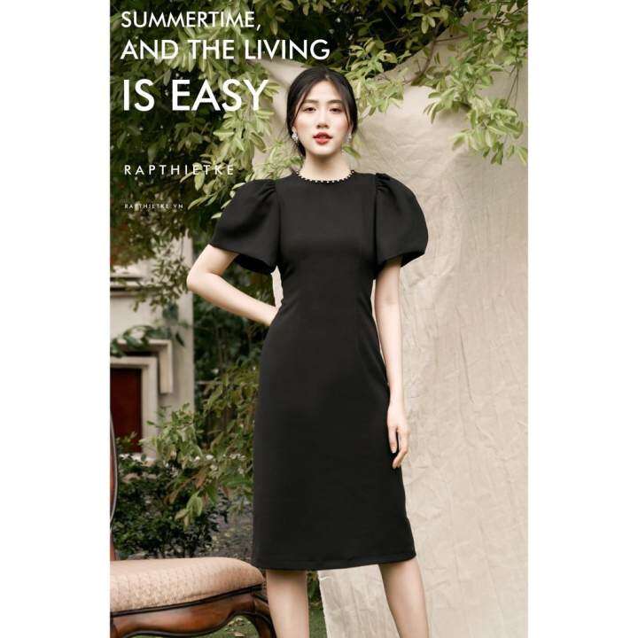 RẬP – Đầm Đen Tay Phồng Có Đính Hạt Cổ – TITI 06