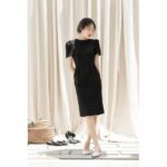 RẬP – Đầm Đen Tay Phồng Có Nhún Trên Vai Cổ Đính Hạt – NUDE 08