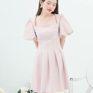RẬP - Đầm Hồng Tay Phồng cổ Vuông Tùng Xếp Ly - BLUE 02 HỒNG