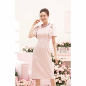 RẬP - Đầm Hồng Tay Phồng Có Đính Hoa Cổ - LOVING 06