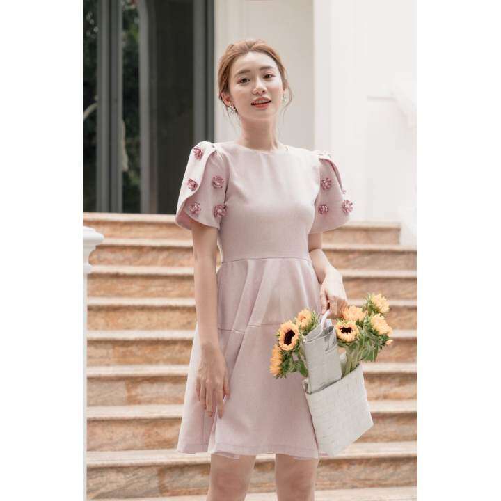 RẬP – Đầm Hồng Tùng Xoè Tay Đính Hoa – LOVING 19
