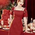 RẬP – Đầm Hai Dây Vai Tay Đính Hoa – CHRISTMAS 01 ĐỎ