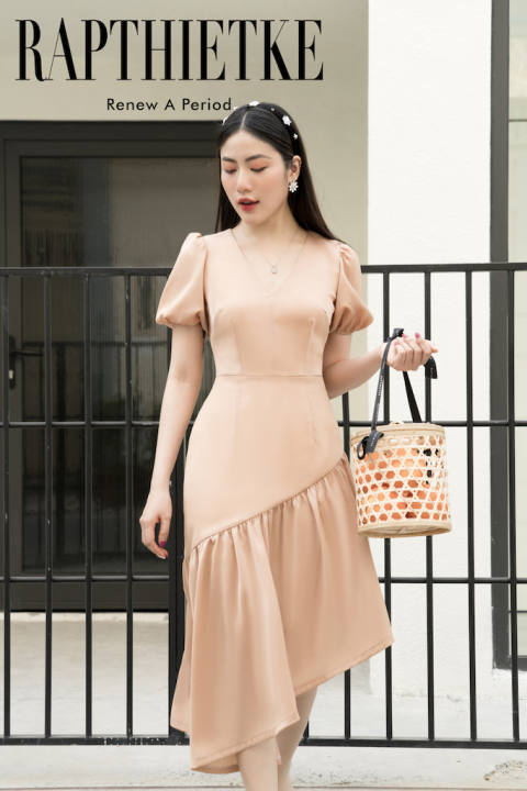 RẬP – Đầm Kem Tay Nhún Cổ Tim Tùng Chéo – GRACE 01 KEM