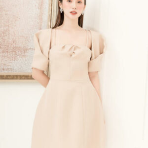 RẬP - Đầm Nâu Dây Tay Xoắn Tùng Xòe - BEIGE 05
