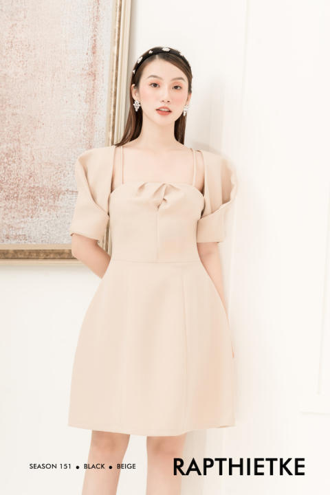 RẬP – Đầm Nâu Dây Tay Xoắn Tùng Xòe – BEIGE 05