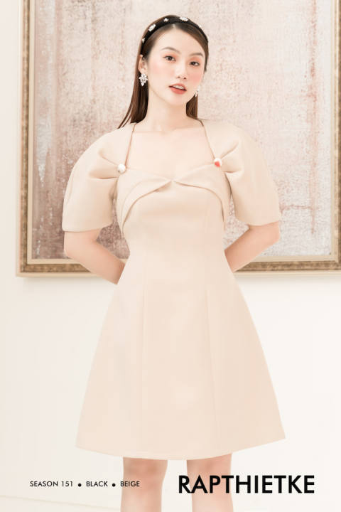 RẬP – Đầm Nâu Tay Bầu Thân Ôm Eo – BEIGE 03