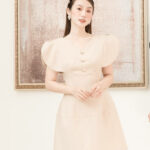 RẬP – Đầm Nâu Tay Lỡ Cổ Tim Có Đính Nút – BEIGE 07
