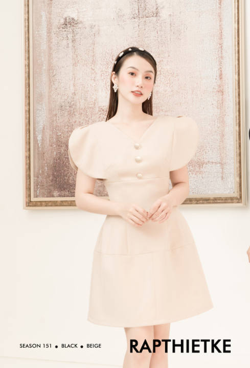 RẬP – Đầm Nâu Tay Lỡ Cổ Tim Có Đính Nút – BEIGE 07