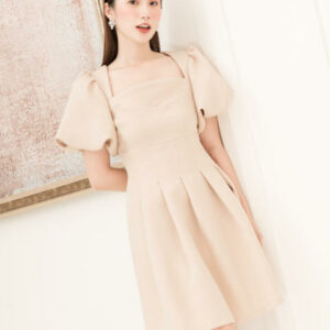 RẬP - Đầm Nâu Tay Phồng Cổ Ngang Tùng Xòe - BEIGE 02