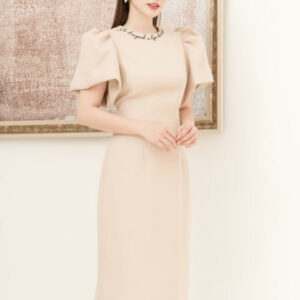 RẬP - Đầm Nâu Tay Phồng Cổ Tròn Thêu - BEIGE 06