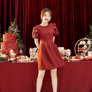 RẬP - Đầm Tay Đấp Có Đính Hoa Tùng Xòe - MERRY 19 ĐỎ