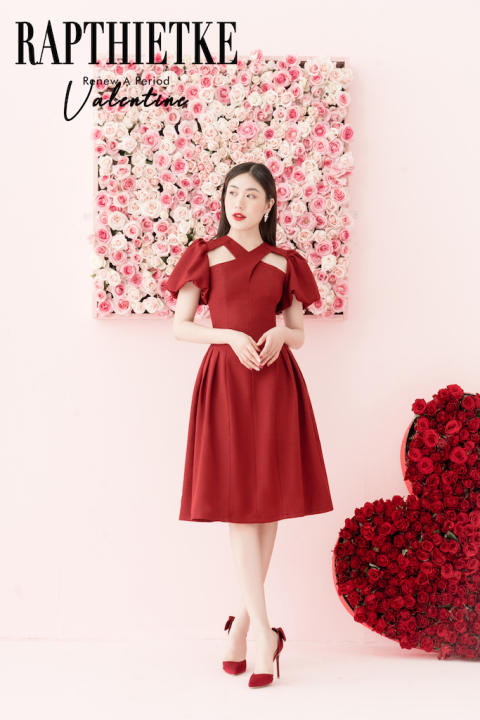 RẬP – Đầm Tay Phồng Cổ Chéo Thân Xếp Ly Hông – LOVER 06 ĐỎ