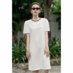 RẬP – Đầm Tay Phồng Đính Đá Trên Cổ – TITI 04 TRẮNG