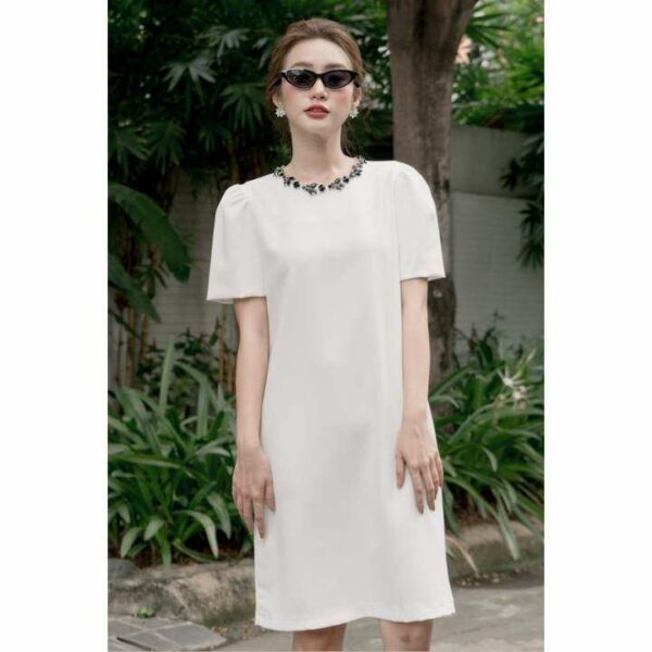 RẬP - Đầm Tay Phồng Đính Đá Trên Cổ - TITI 04 TRẮNG