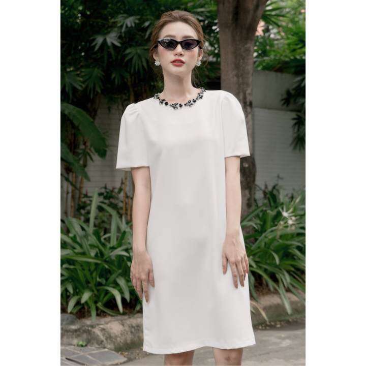 RẬP – Đầm Tay Phồng Đính Đá Trên Cổ – TITI 04 TRẮNG