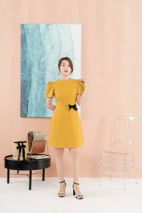 RẬP – Đầm Tay Phồng Đính Nơ Ruy Băng – SHINE 04 VÀNG