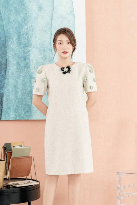 RẬP – Đầm Tay Phồng Nơ Cổ Có Đính Hoa – TWINS 04 BẠC