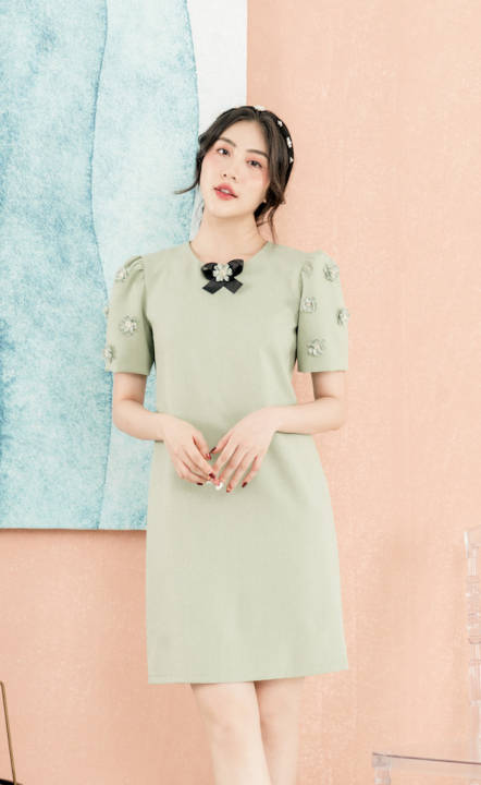 RẬP – Đầm Tay Phồng Nơ Cổ Có Đính Hoa – TWINS 04 MINT