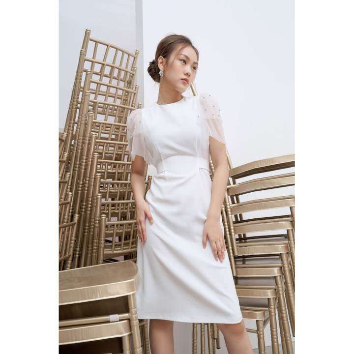 RẬP – Đầm Trắng Đính Hạt Trên Tay Lưới Hai Tầng – TITI 08