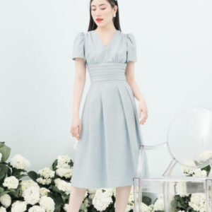 RẬP - Đầm Xanh Cổ Tim Tay Ngắn Eo Xếp - BLUE 04 XANH
