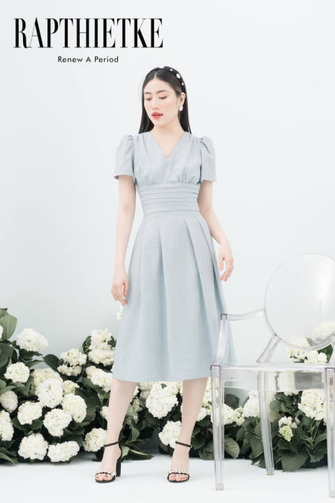 RẬP – Đầm Xanh Cổ Tim Tay Ngắn Eo Xếp – BLUE 04 XANH