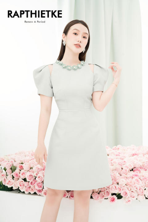 RẬP – Đầm Xanh Cổ Tròn Đính Hoa Tay Khoét Vai – PRETTY 03