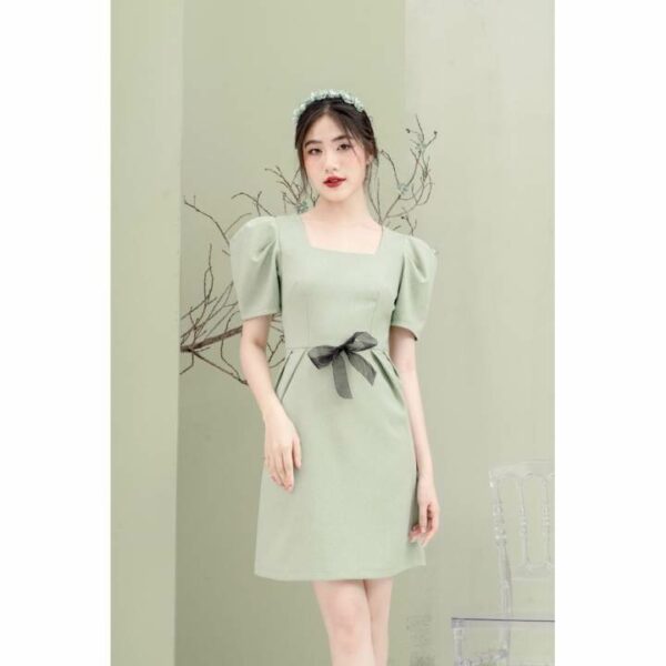 RẬP - Đầm Xanh Cổ Vuông Tay Xếp Ly Đính Ruy Băng Ở Eo - MINT 04