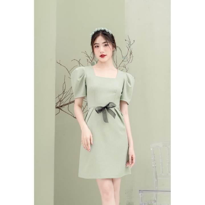 RẬP – Đầm Xanh Cổ Vuông Tay Xếp Ly Đính Ruy Băng Ở Eo – MINT 04