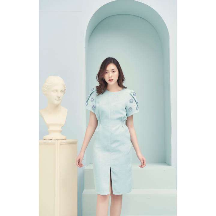 RẬP – Đầm Xanh tay Đắp Nhún Eo – SPRING 16
